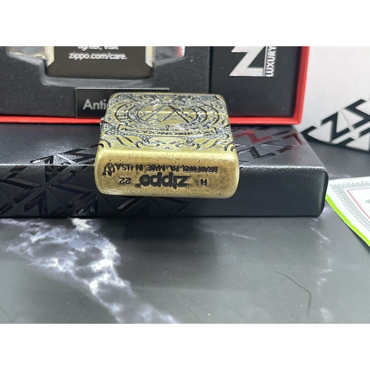 Zippo Armor Necronomicon 360° MultiCut Antique Brass Lighter - Z-Luxury Box