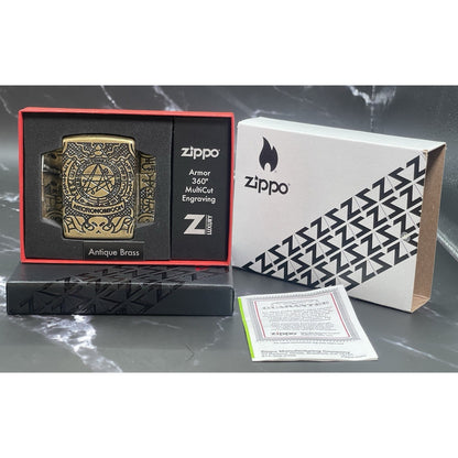 Zippo Armor Necronomicon 360° MultiCut Antique Brass Lighter - Z-Luxury Box