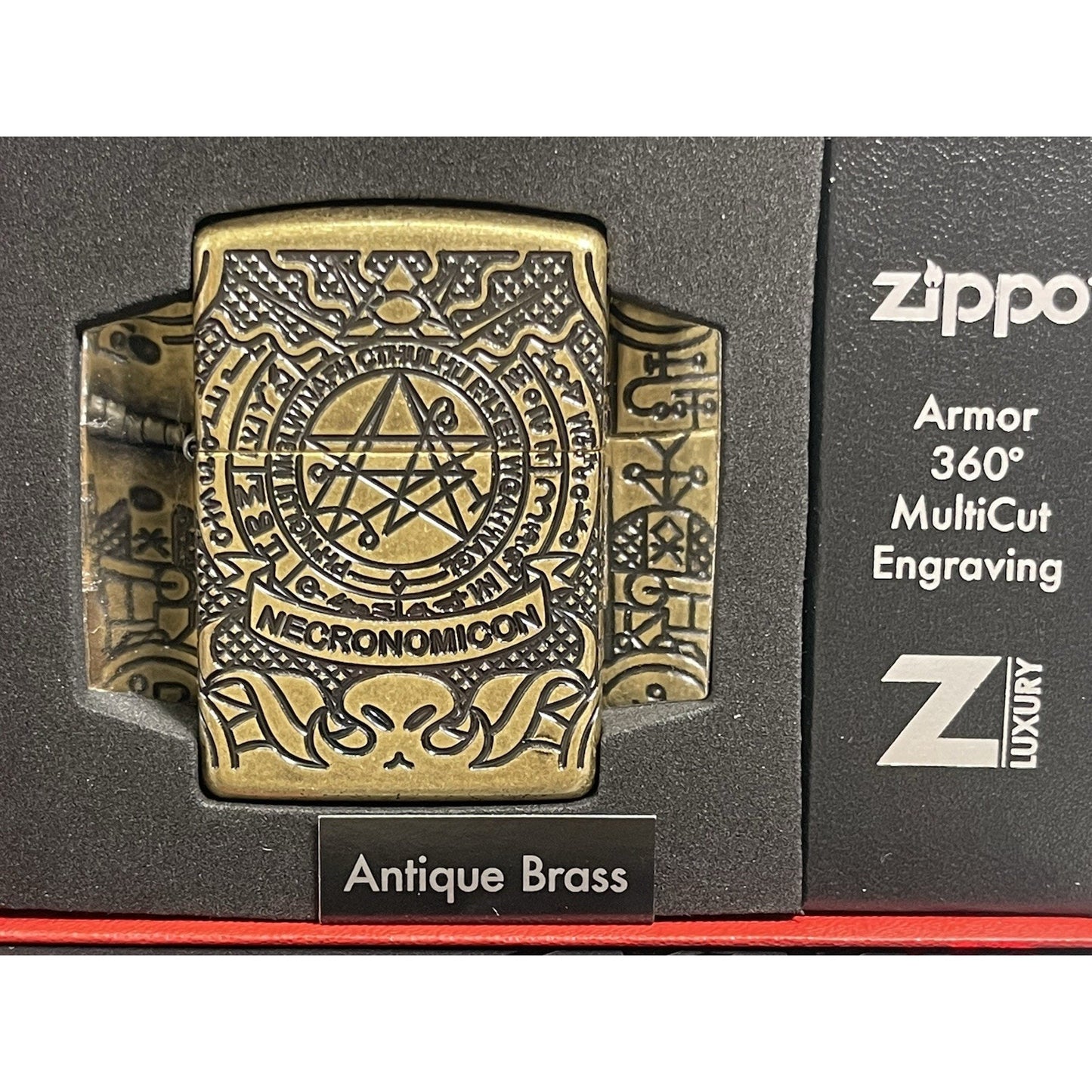 Zippo Armor Necronomicon 360° MultiCut Antique Brass Lighter - Z-Luxury Box